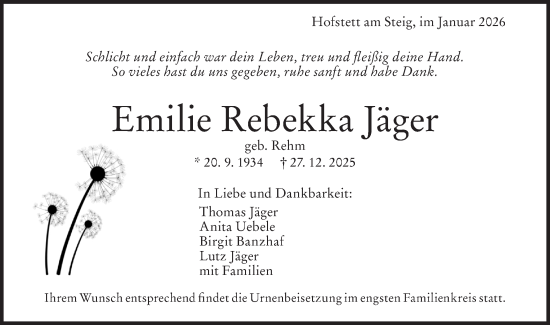 Traueranzeige von Emilie Rebekka Jäger von Geislinger Zeitung