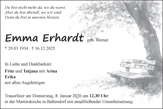 Traueranzeige von Emma Erhardt von SÜDWEST PRESSE Ausgabe Ulm/Neu-Ulm