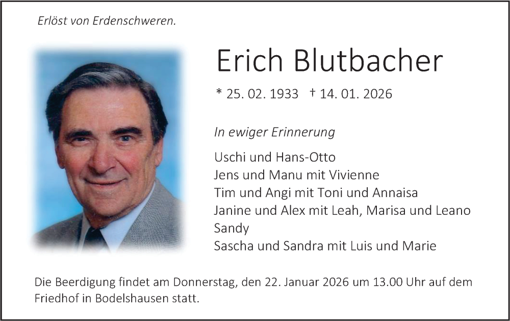  Traueranzeige für Erich Blutbacher vom 17.01.2026 aus Schwäbische Tagblatt