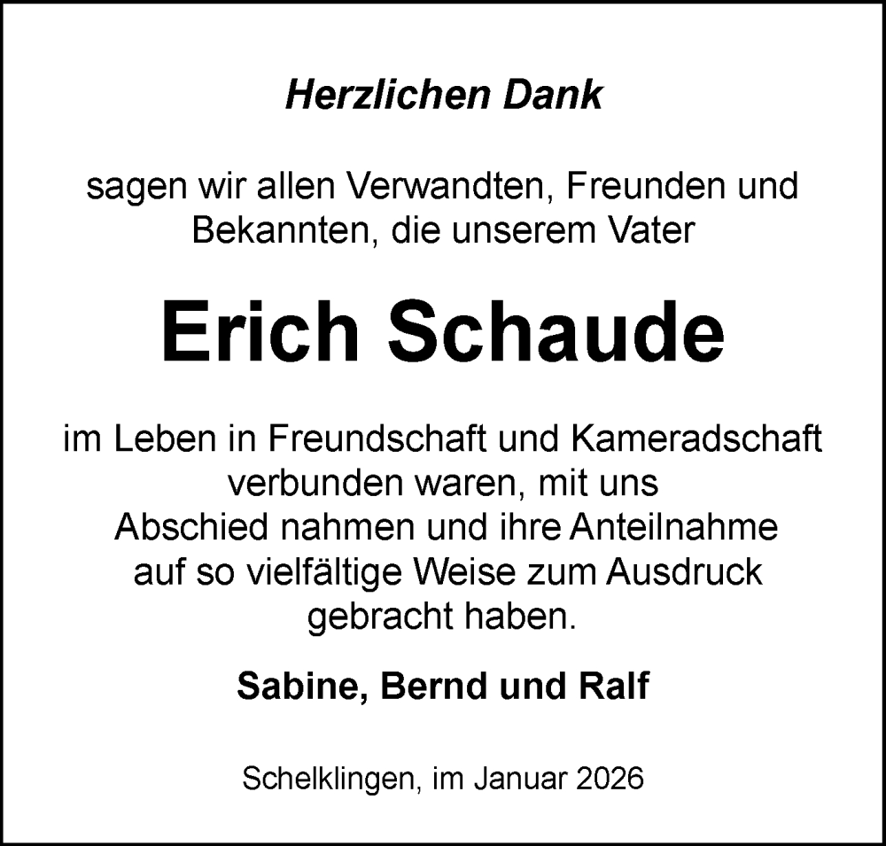  Traueranzeige für Erich Schaude vom 10.01.2026 aus Ehinger Tagblatt