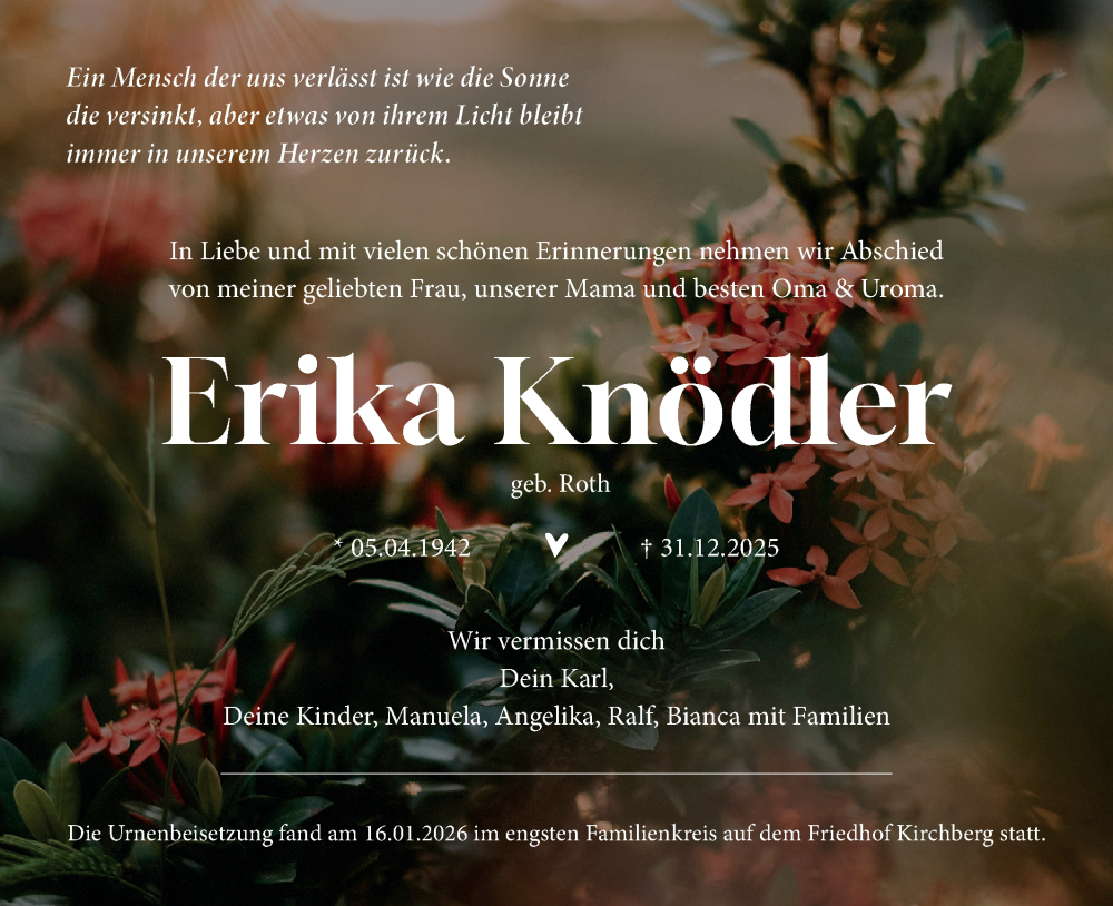  Traueranzeige für Erika Knödler vom 17.01.2026 aus Haller Tagblatt