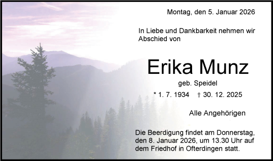Traueranzeige von Erika Munz von Schwäbische Tagblatt