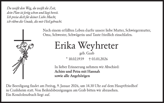 Traueranzeige von Erika Weyhreter von Hohenloher Tagblatt