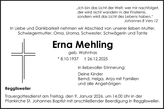 Traueranzeige von Erna Mehling von SÜDWEST PRESSE Ausgabe Ulm/Neu-Ulm