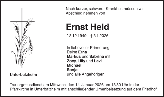 Traueranzeige von Ernst Held von SÜDWEST PRESSE Ausgabe Ulm/Neu-Ulm