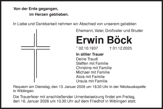 Traueranzeige von Erwin Böck von SÜDWEST PRESSE Ausgabe Ulm/Neu-Ulm