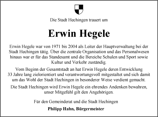 Traueranzeige von Erwin Hegele von SÜDWEST PRESSE Zollernalbkreis/Hohenzollerische Zeitung