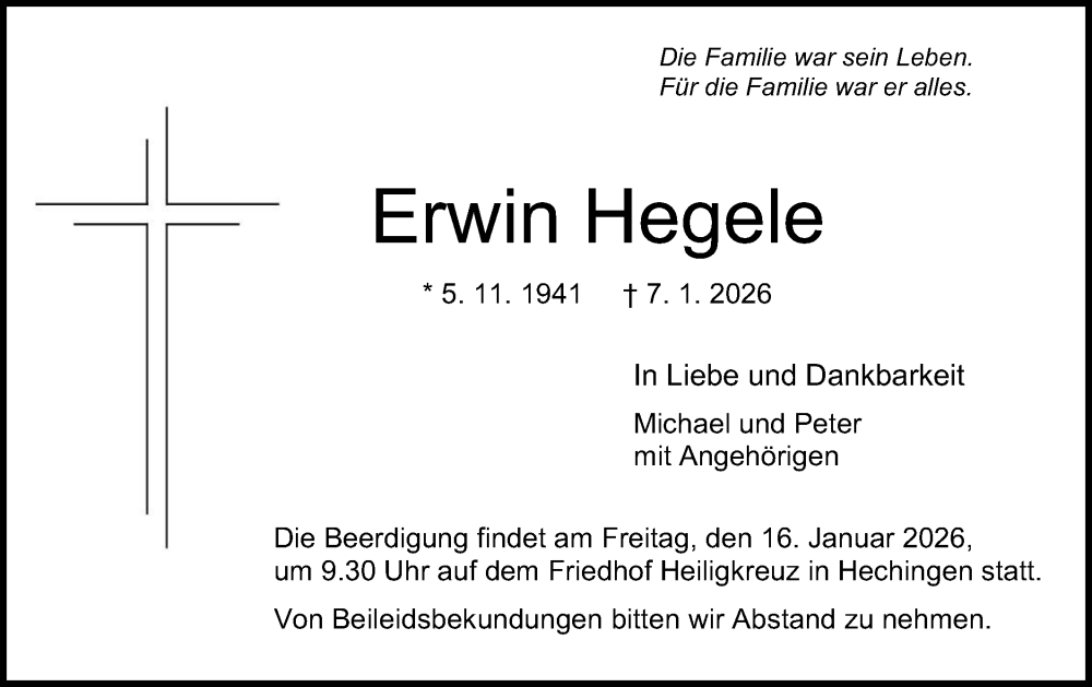  Traueranzeige für Erwin Hegele vom 14.01.2026 aus SÜDWEST PRESSE Zollernalbkreis/Hohenzollerische Zeitung