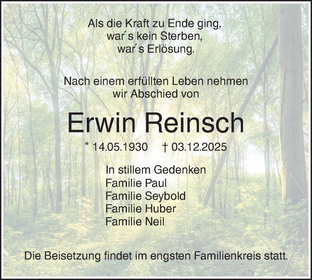  Traueranzeige für Erwin Reinsch vom 10.01.2026 aus SÜDWEST PRESSE Ausgabe Ulm/Neu-Ulm
