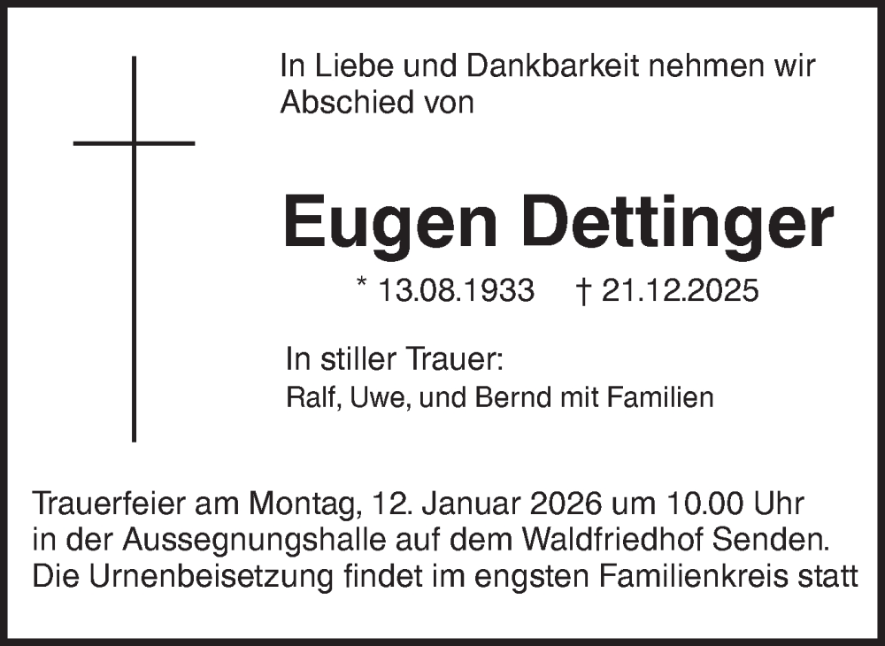  Traueranzeige für Eugen Dettinger vom 03.01.2026 aus SÜDWEST PRESSE Ausgabe Ulm/Neu-Ulm