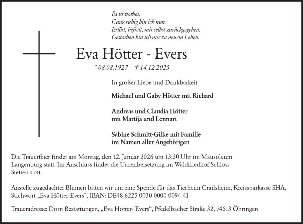  Traueranzeige für Eva Hötter-Evers vom 07.01.2026 aus Hohenloher Tagblatt