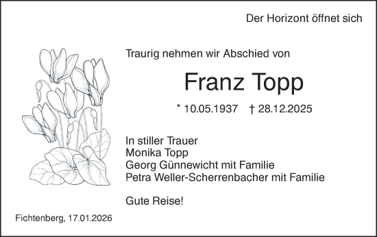 Traueranzeige von Franz Topp von Rundschau Gaildorf