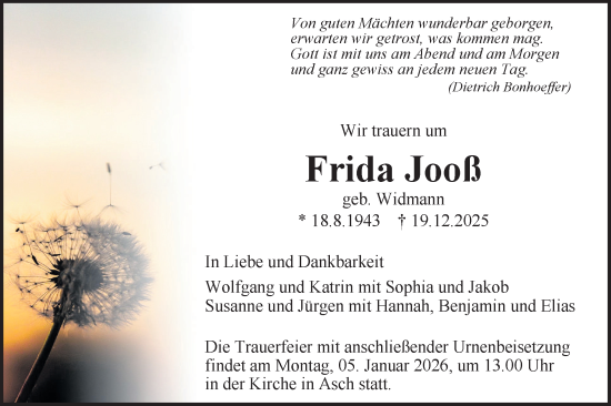 Traueranzeige von Frida Jooß von SÜDWEST PRESSE Ausgabe Ulm/Neu-Ulm