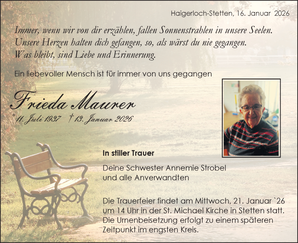  Traueranzeige für Frieda Maurer vom 16.01.2026 aus SÜDWEST PRESSE Zollernalbkreis/Hohenzollerische Zeitung