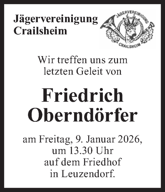 Traueranzeige von Friedrich Oberndörfer von Hohenloher Tagblatt