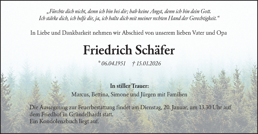  Traueranzeige für Friedrich Schäfer vom 17.01.2026 aus Hohenloher Tagblatt