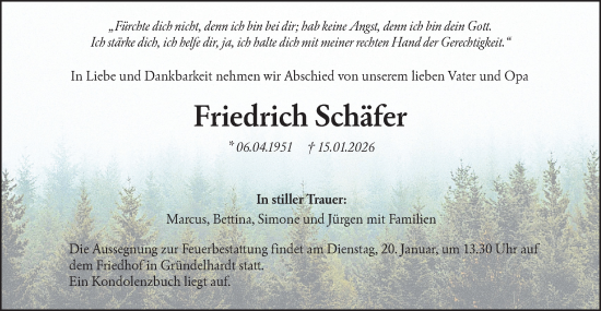 Traueranzeige von Friedrich Schäfer von Hohenloher Tagblatt