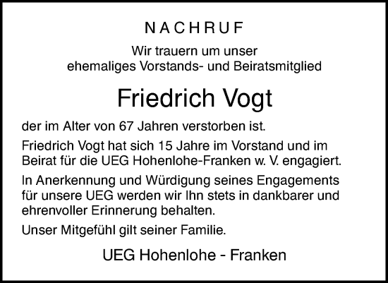 Traueranzeige von Friedrich Vogt von Hohenloher Tagblatt