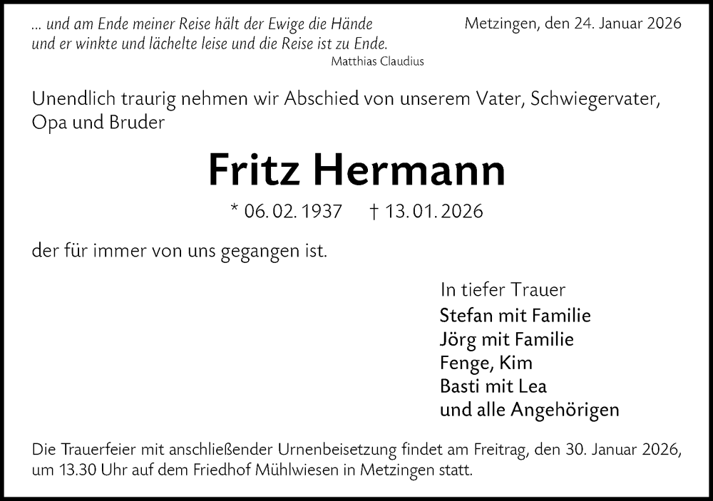  Traueranzeige für Fritz Hermann vom 24.01.2026 aus Alb-Bote/Metzinger-Uracher Volksblatt