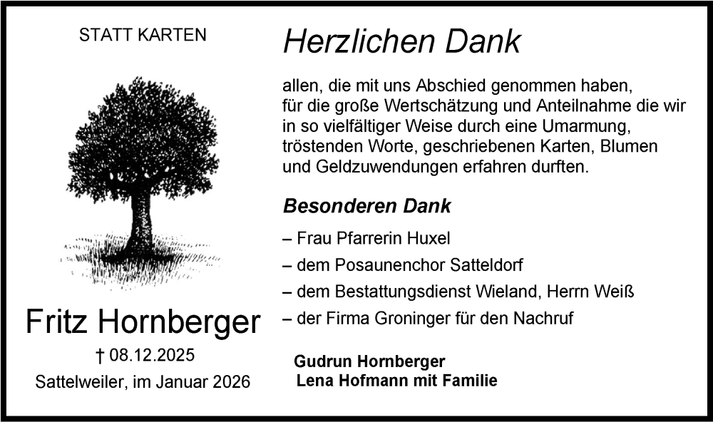  Traueranzeige für Fritz Hornberger vom 10.01.2026 aus Hohenloher Tagblatt
