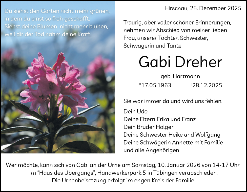  Traueranzeige für Gabi Dreher vom 05.01.2026 aus Schwäbische Tagblatt