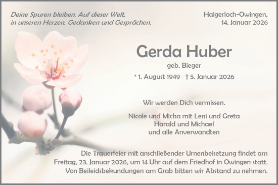 Traueranzeige von Gerda Huber von SÜDWEST PRESSE Zollernalbkreis/Hohenzollerische Zeitung