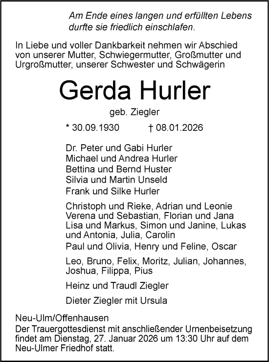 Traueranzeige von Gerda Hurler von SÜDWEST PRESSE Ausgabe Ulm/Neu-Ulm/Neu-Ulmer Zeitung