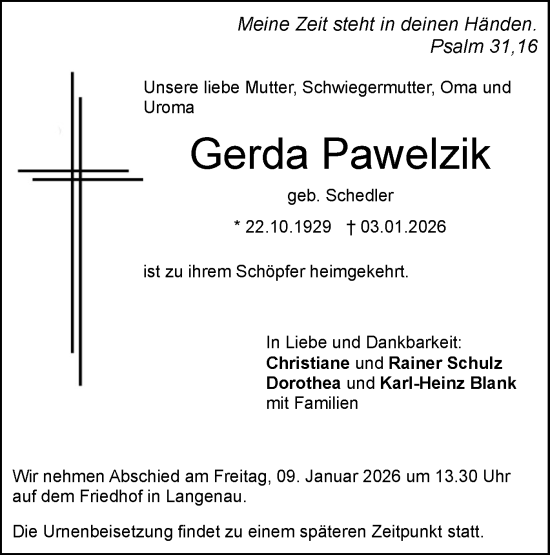 Traueranzeige von Gerda Pawelzik von SÜDWEST PRESSE Ausgabe Ulm/Neu-Ulm