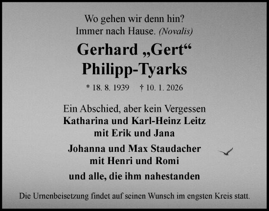 Traueranzeige von Gerhard Philipp-Tyarks von Hohenloher Tagblatt