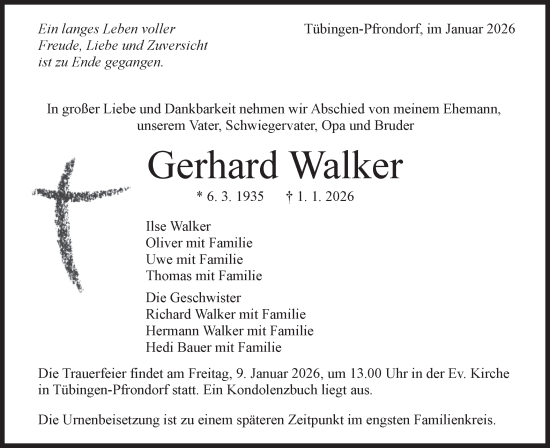 Traueranzeige von Gerhard Walker von Schwäbische Tagblatt