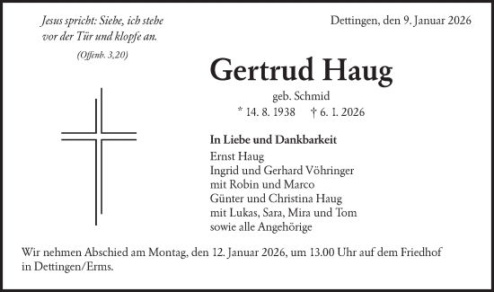 Traueranzeige von Gertrud Haug von Alb-Bote/Metzinger-Uracher Volksblatt