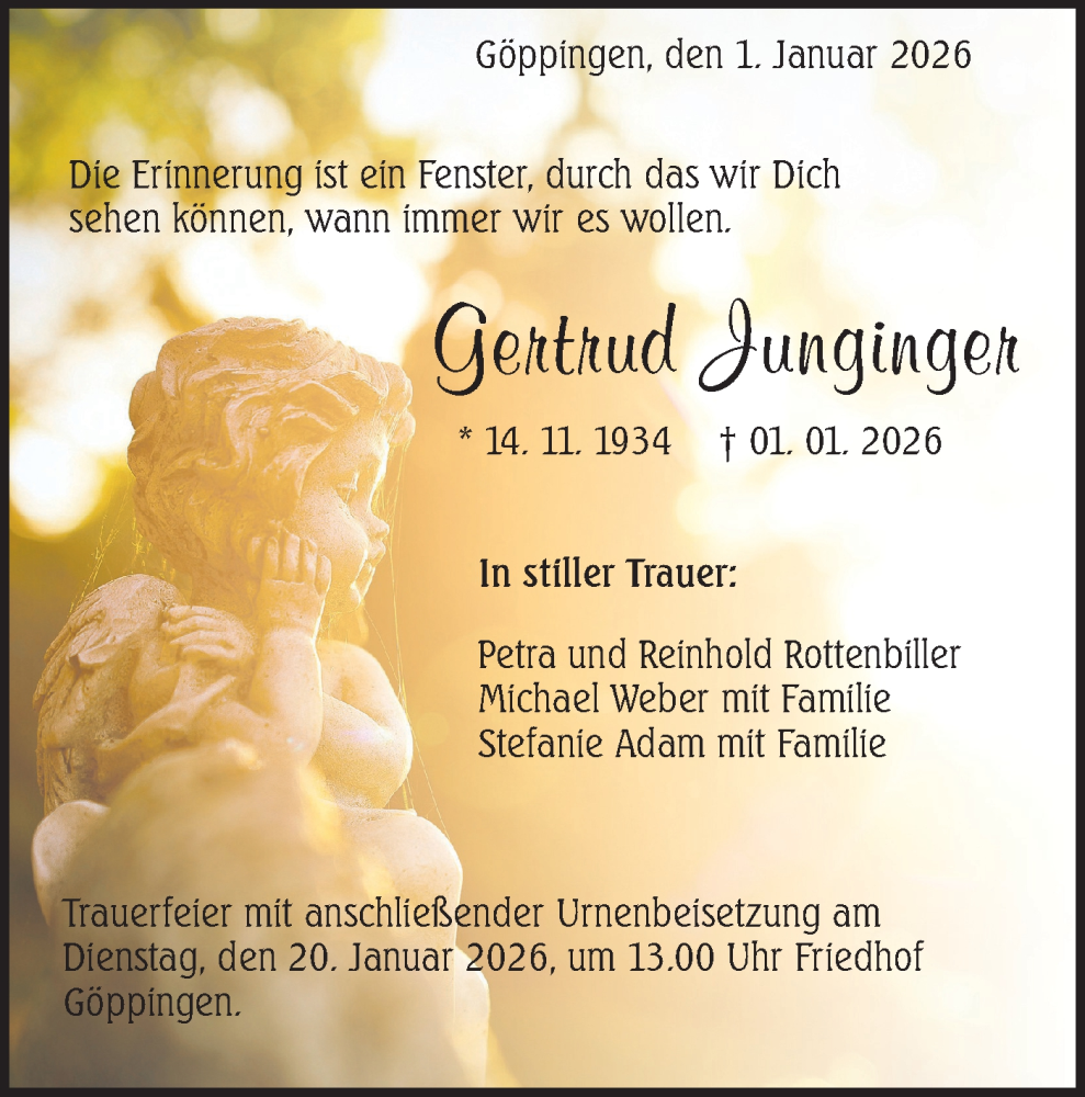  Traueranzeige für Gertrud Junginger vom 17.01.2026 aus NWZ Neue Württembergische Zeitung