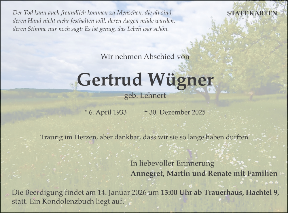  Traueranzeige für Gertrud Wügner vom 13.01.2026 aus Hohenloher Tagblatt