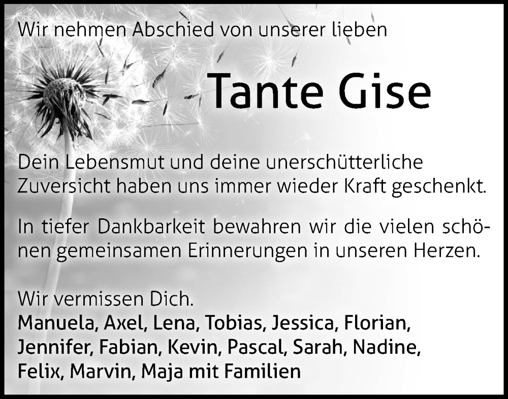  Traueranzeige für Gise  vom 17.01.2026 aus Haller Tagblatt