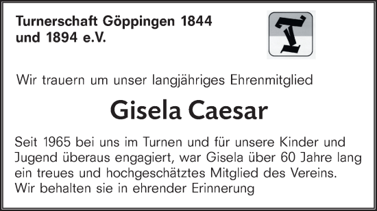 Traueranzeige von Gisela Caesar von NWZ Neue Württembergische Zeitung