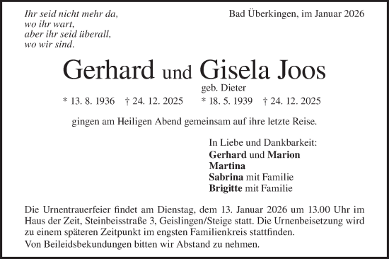 Traueranzeige von Gisela Joos von Geislinger Zeitung
