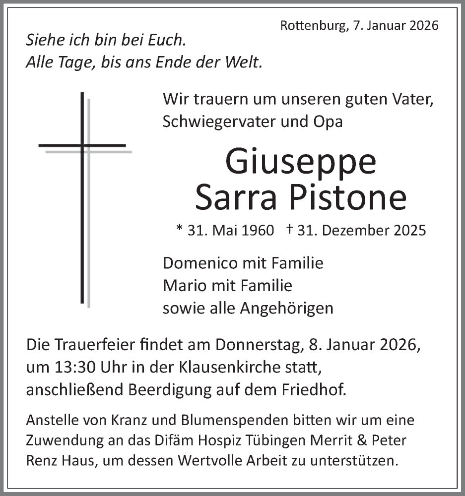  Traueranzeige für Giuseppe Sarra Pistone vom 07.01.2026 aus Schwäbische Tagblatt