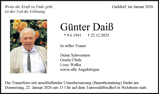 Traueranzeige von Günter Daiß von Rundschau Gaildorf