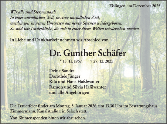 Traueranzeige von Gunther Schäfer von NWZ Neue Württembergische Zeitung