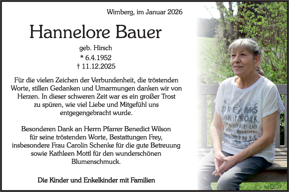  Traueranzeige für Hannelore Bauer vom 10.01.2026 aus Rundschau Gaildorf