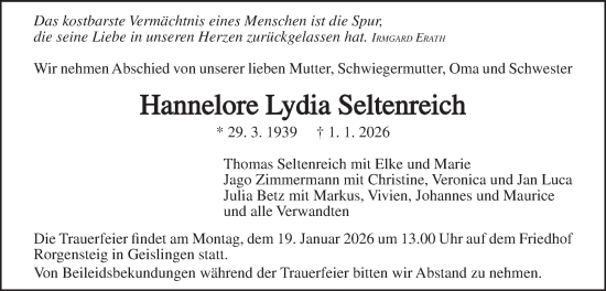 Traueranzeige von Hannelore Lydia Seltenreich von Geislinger Zeitung