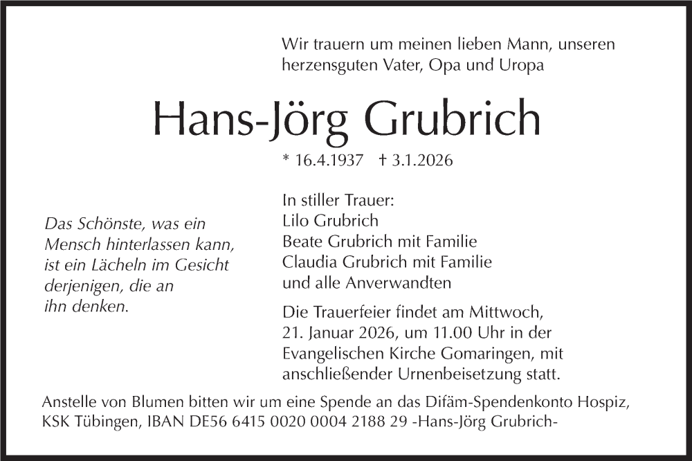  Traueranzeige für Hans-Jörg Grubrich vom 16.01.2026 aus Schwäbische Tagblatt