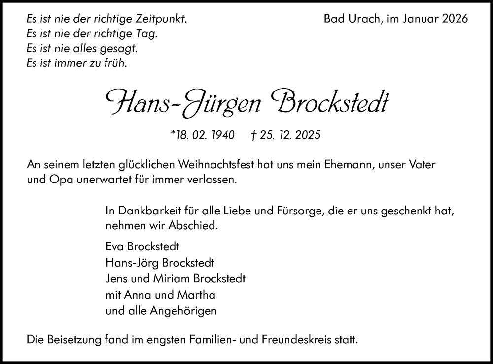  Traueranzeige für Hans-Jürgen Brockstedt vom 03.01.2026 aus Alb-Bote/Metzinger-Uracher Volksblatt