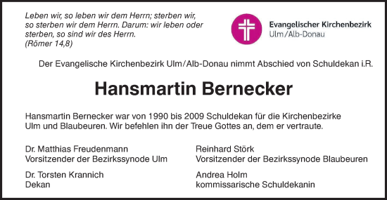 Traueranzeige von Hansmartin Bernecker von SÜDWEST PRESSE Ausgabe Ulm/Neu-Ulm