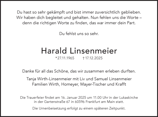 Traueranzeige von Harald Linsenmeier von SÜDWEST PRESSE Ausgabe Ulm/Neu-Ulm