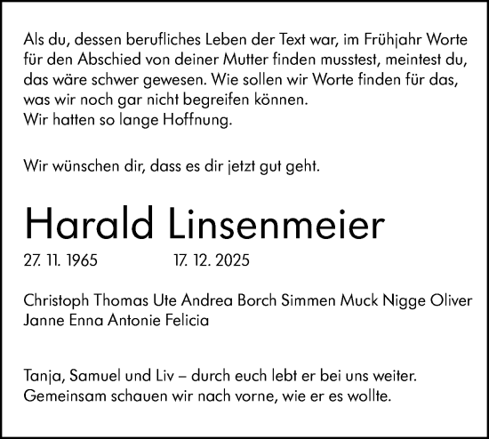 Traueranzeige von Harald Linsenmeier von SÜDWEST PRESSE Ausgabe Ulm/Neu-Ulm