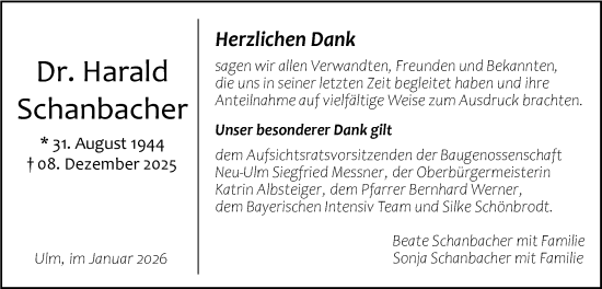 Traueranzeige von Harald Schanbacher von SÜDWEST PRESSE Ausgabe Ulm/Neu-Ulm