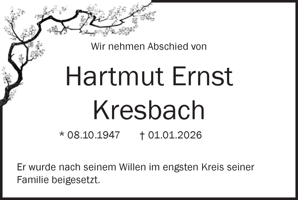  Traueranzeige für Hartmut Ernst Kresbach vom 10.01.2026 aus Hohenloher Tagblatt