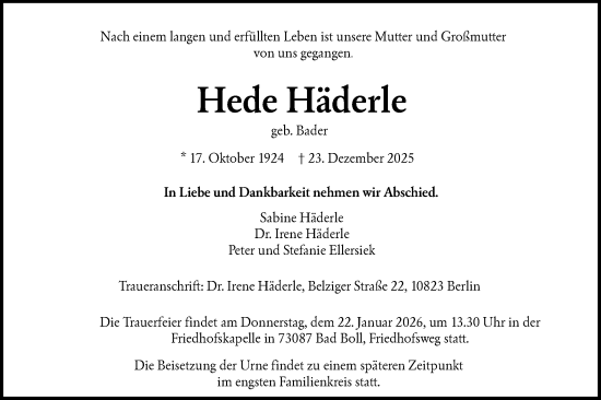 Traueranzeige von Hede Häderle von NWZ Neue Württembergische Zeitung