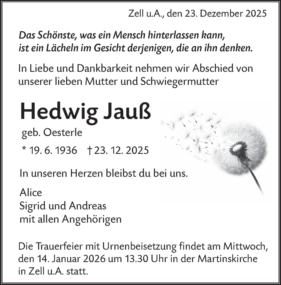  Traueranzeige für Hedwig Jauß vom 07.01.2026 aus NWZ Neue Württembergische Zeitung
